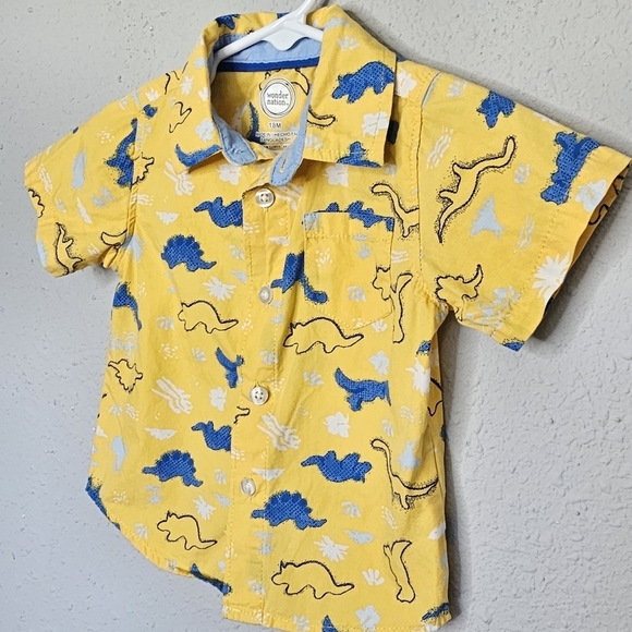 Wonder Nation Shirt Toddler Baby Boy 18M Yellow Blue Dinosaur Button Down Shirt - Picture 2 of 7